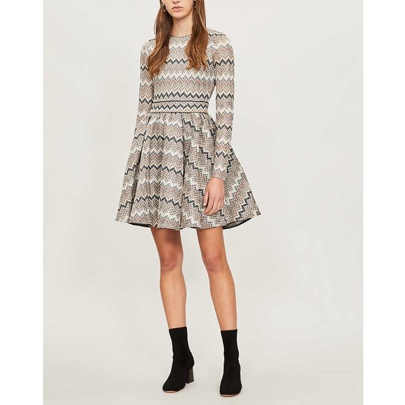 Maje Royaume Fit and Flare Dress / 2 Medium / Ecru Zigzag Pattern Mini - Picture 1 of 13